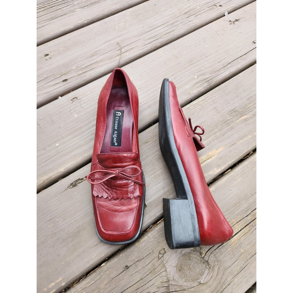 Etienne Aigner Rockland Loafers‎ Burgundy Leather Kiltie Bow Square Toe 6.5M